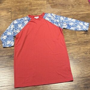 LuLaRoe Kids Redish pink and Blue Graphic Raglan Tee
